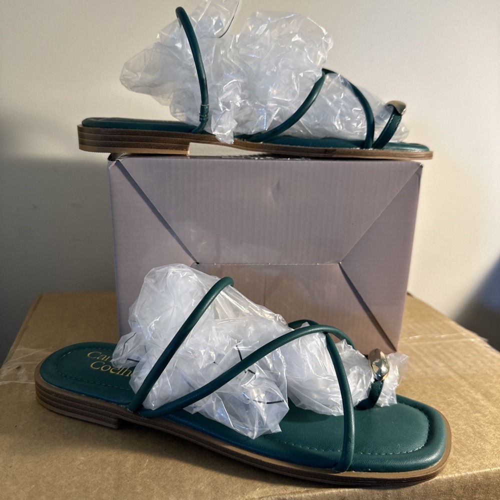 Camila Coelho Women Size 9.5 Venue Strappy Toe Ring Flat Sandals Green - Picture 3 of 14